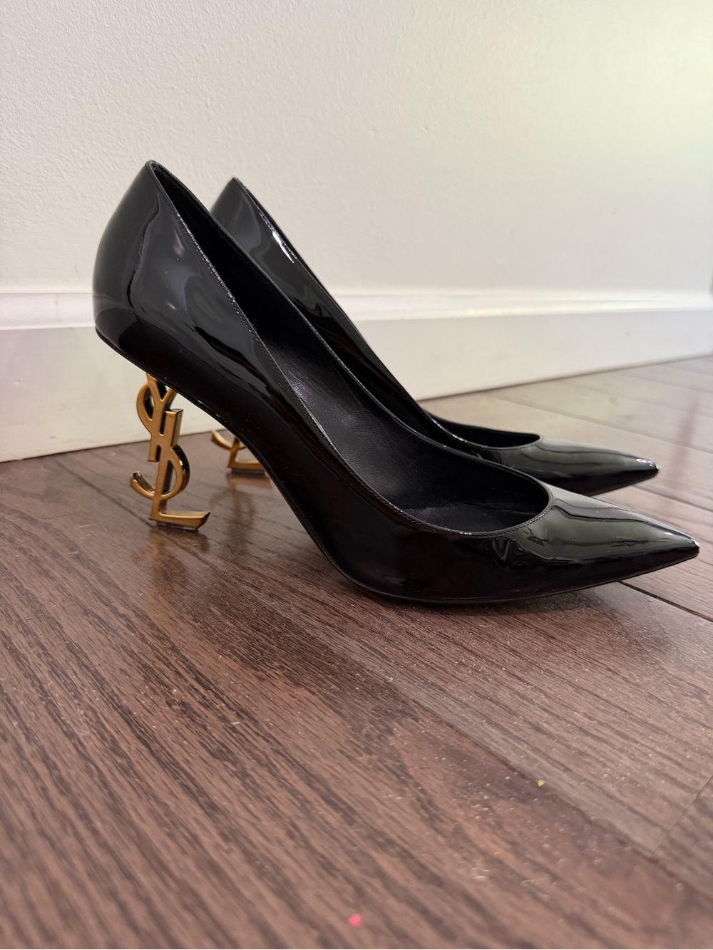 Saint Laurent Opyum Black Patent Pumps with Gold YSL Logo Heels. Size 37.5